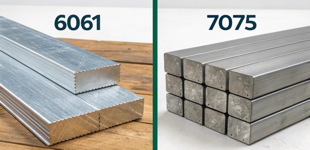 alt with keywords: side-by-side comparison of 6061 and 7075 aluminum samples with key properties highlighted